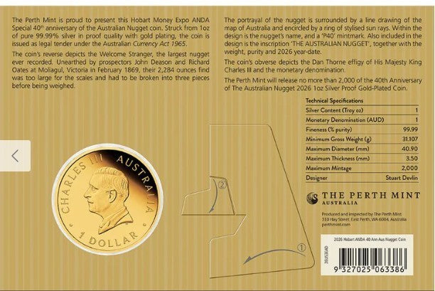 2026 Perth Mint Australian Nugget 40th Anniversary Hobart Money Expo 1oz Gold-Pl