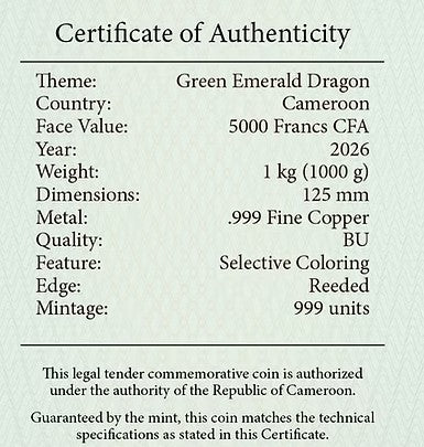 Emerald Dragon HR 1 Kilo .999 High Relief Copper Medal 5000 Francs Cameroon 2026