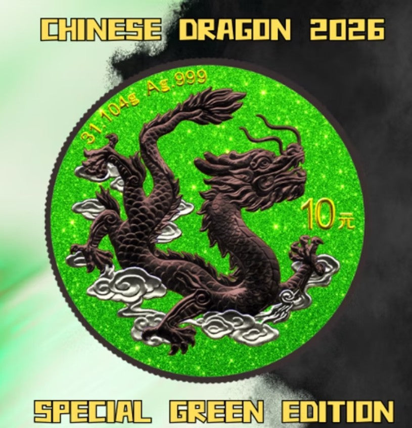 CHINESE DRAGON Special Green Edition 1 Oz Silver Coin 10 Yuan China 2026