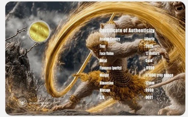 SUN WUKONG 1/1000 Oz Gold Coin in Card 12$ Liberia 2026