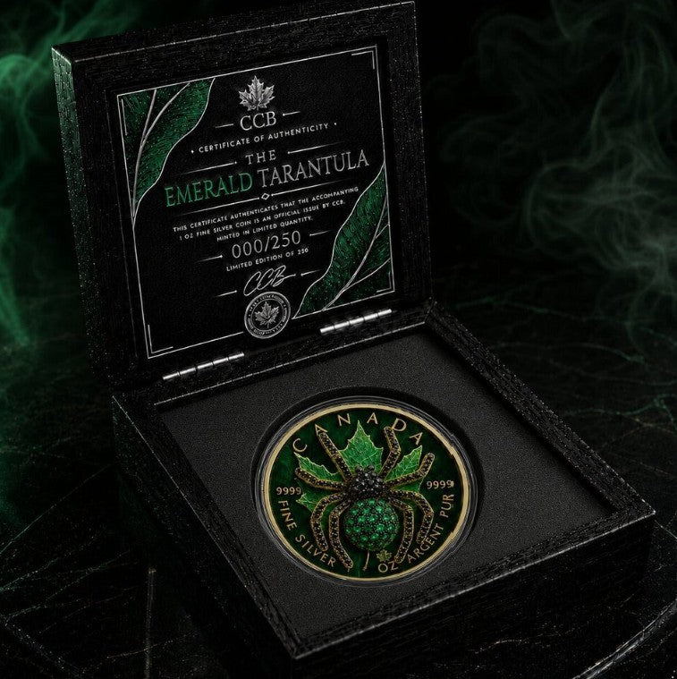 PRESALE ONLY - 2026 Maple Emerald Tarantula 1 oz Silver Coin with 3D Jeweled Spider