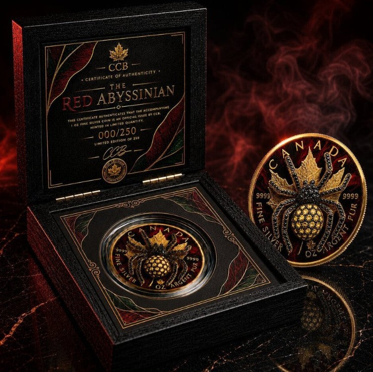 PRESALE ONLY - 2026 Maple Red Abyssinia 1 oz Silver Coin with 3D Jewel Spider