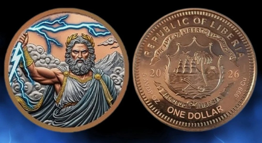 2026 Liberia Zeus 5 oz Colorized 999 Copper Coin in Capsule Mintage 5000