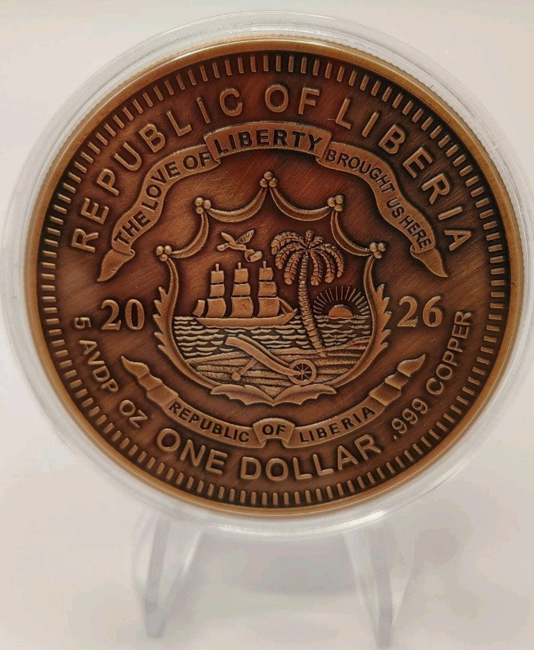 2026 Liberia Cerberus Hades Colorized 5 oz Copper Round Coin $1 BU In Capsule
