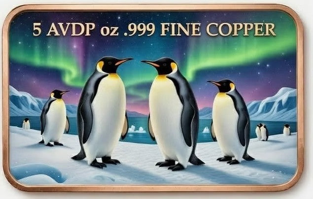 Northern Lights Penguins 5 oz Colorized Copper Art Bar in Capsule