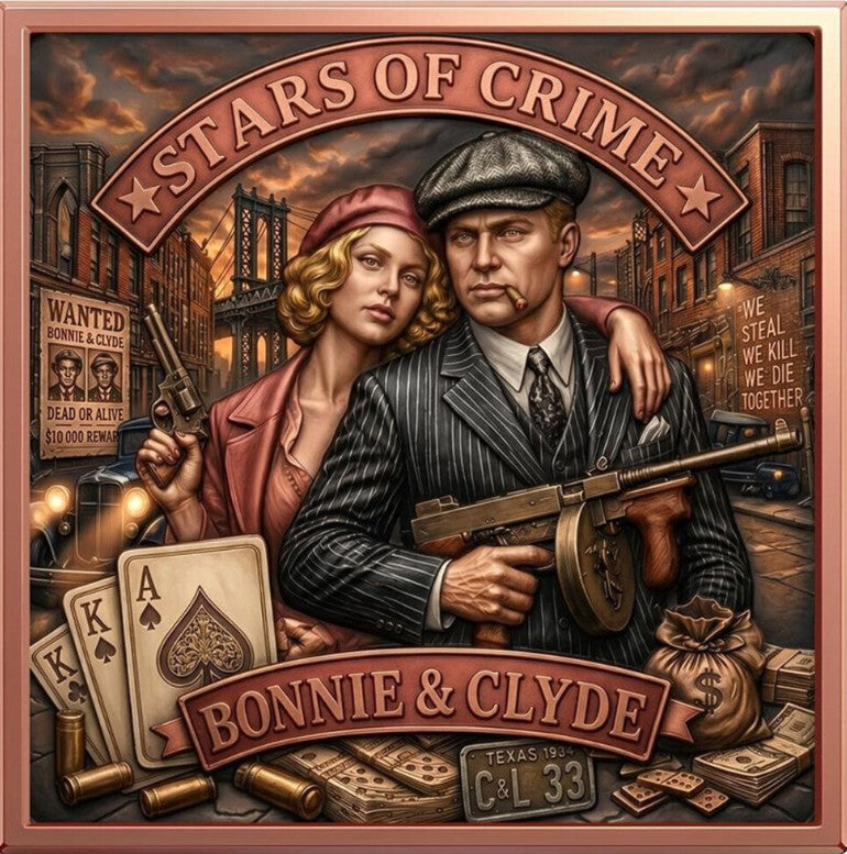 PRESALE ONLY  - Stars of Crime - Bonnie & Clyde 5 oz Copper Bar