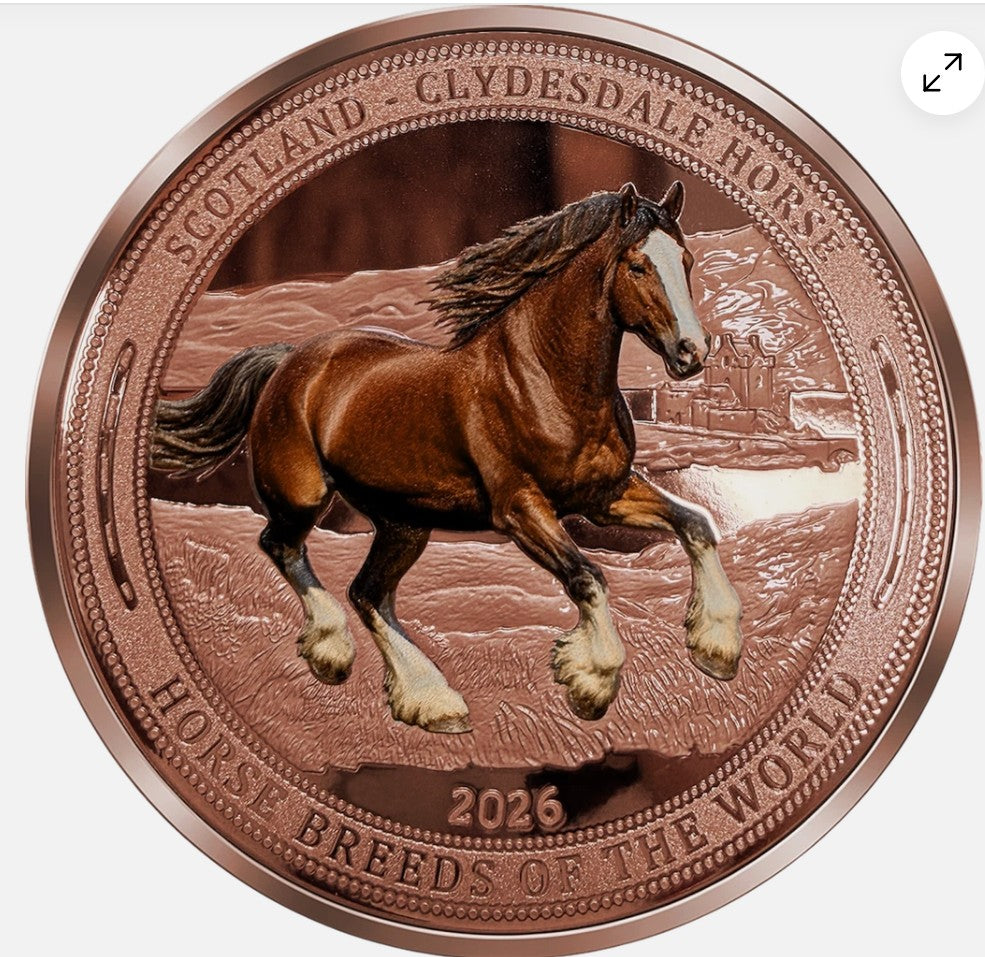 2026 Liberia Clydesdale Horse Scotland Dollar 5oz 999 Proof-like Copper Coin in Display Box