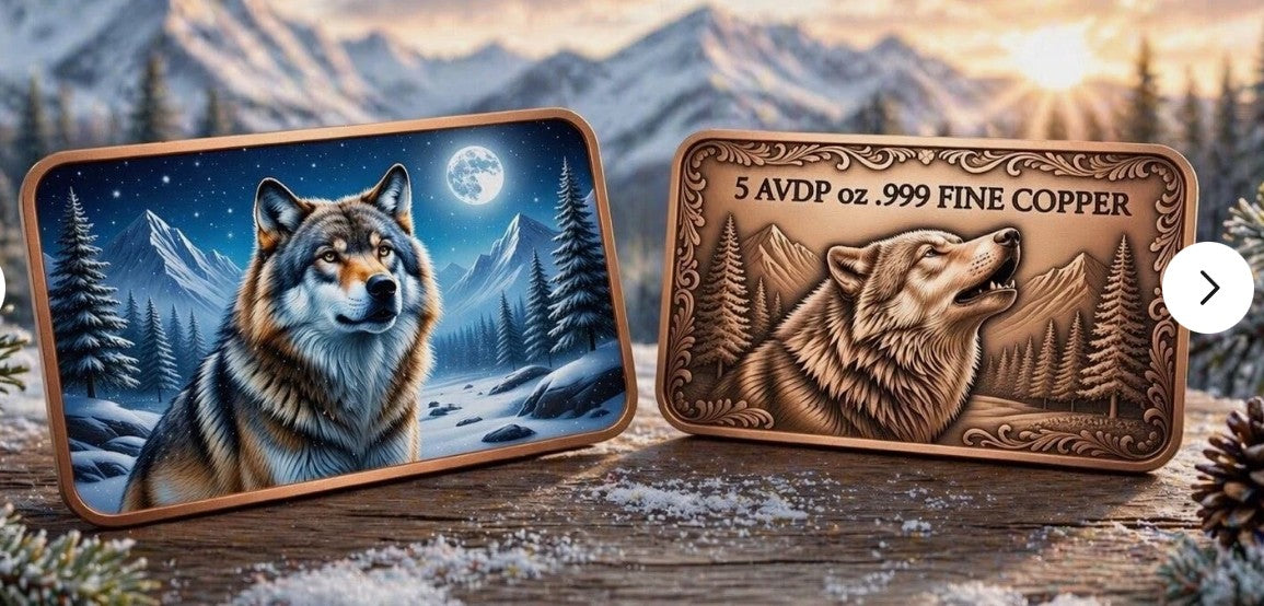 2026 Moon Howl Timber Wolf 5 oz Copper Colorized Art Bar in Capsule