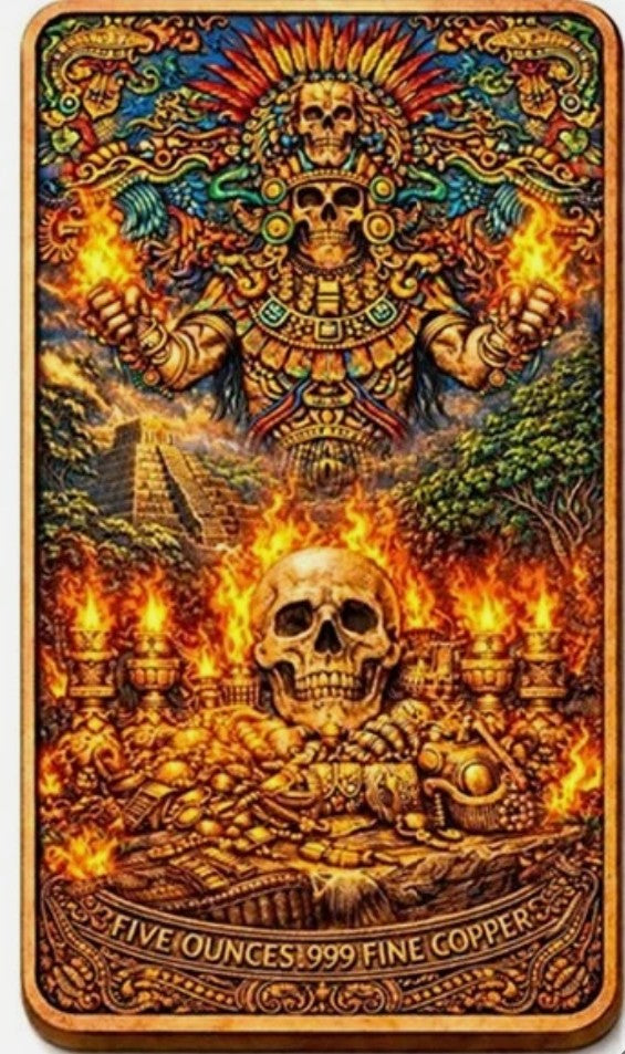 Aztec Fire God  Colorized 5 Oz Copper Bar