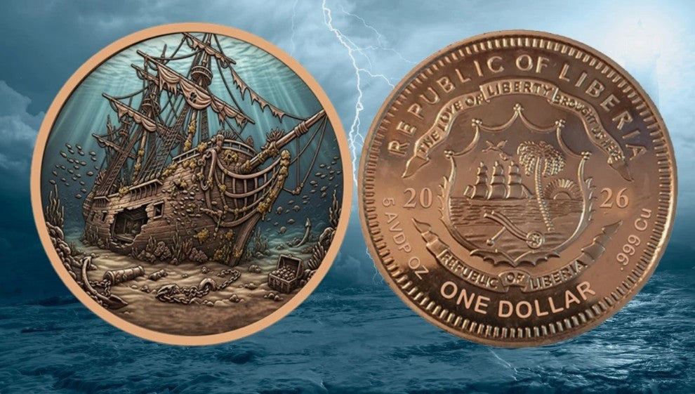 PRESALE ONLY - 2026 5 oz Liberia Shipwreck Colorized Copper Round (New in Capsule)