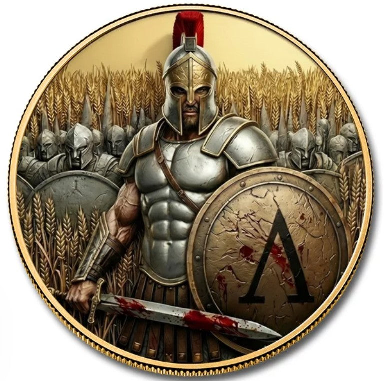 PRESALE - Historic Warriors Spartan Army 5oz Copper Coloured 24 Karat Gold Gilded Round in Capsule