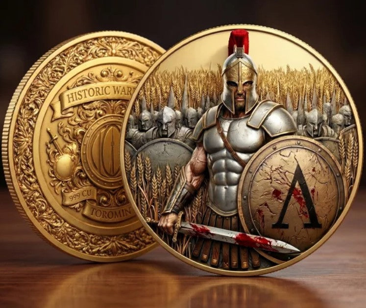 PRESALE - Historic Warriors Spartan Army 5oz Copper Coloured 24 Karat Gold Gilded Round in Capsule