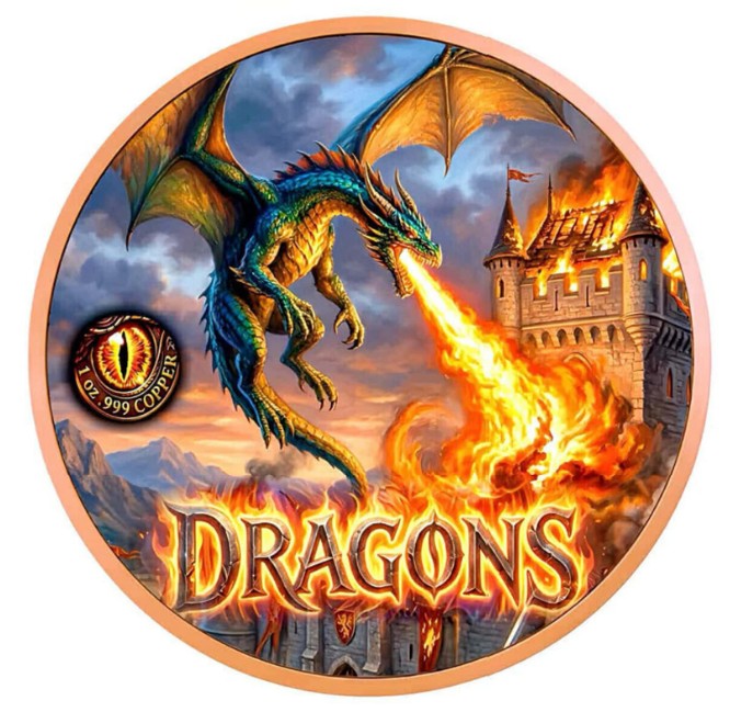 Fire Dragon Colorized 1 oz Copper Round in Card