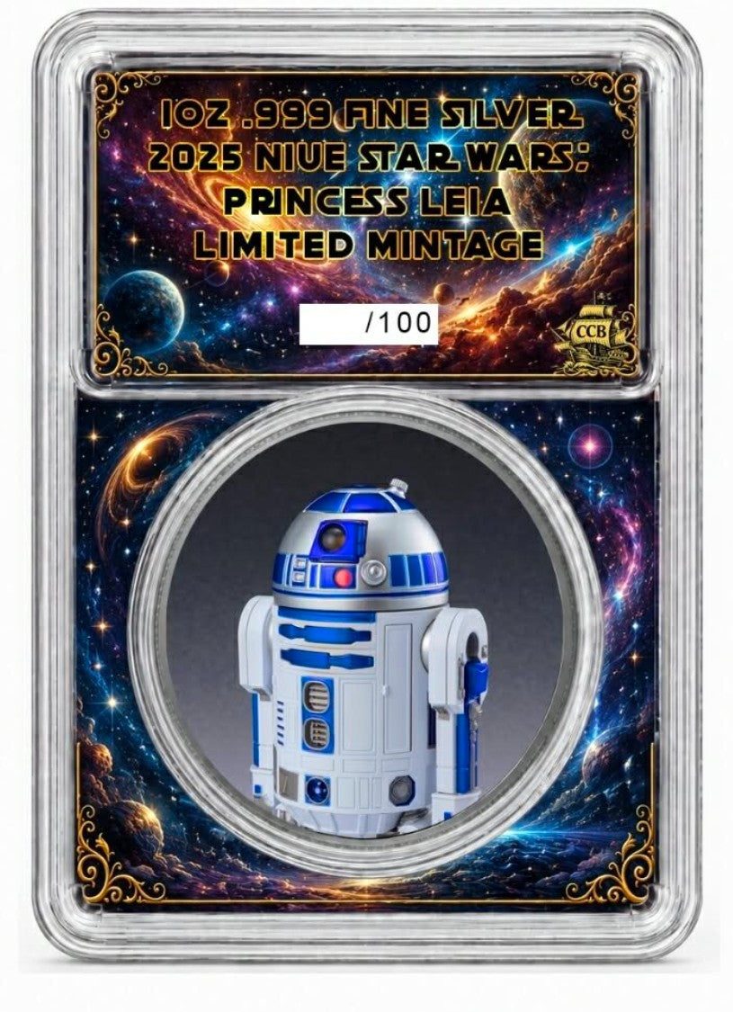 PRESALE ONLY -2025 Niue Star Wars Princess Leia & R2D2 1 oz Silver Coin in Slab