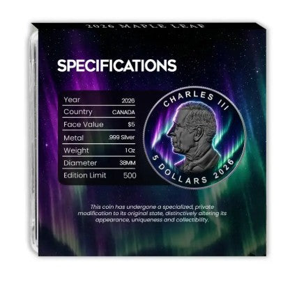 PRES SALE ONLY - 2026 Canada Maple Leaf Aurora Borealis Edition 1 oz Silver Coin