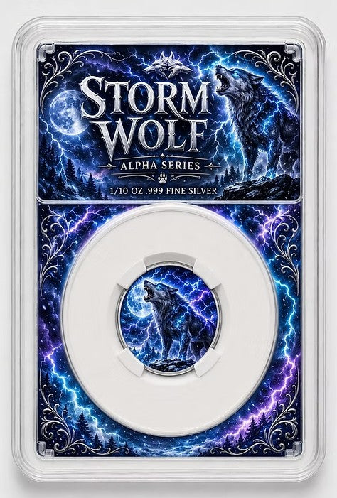 PRESALE ONLY - 2026 Storm Wolf 1/10 oz .999 Silver Coin in Slab  Thumbnail: 2026 Storm Wolf 1/10 oz .999 Silver Coin in Slab  Thumbnail: 2026 Storm Wolf 1/10 oz .999 Silver Coin in Slab 2026 Storm Wolf 1/10 oz .999 Silver Coin in Slab