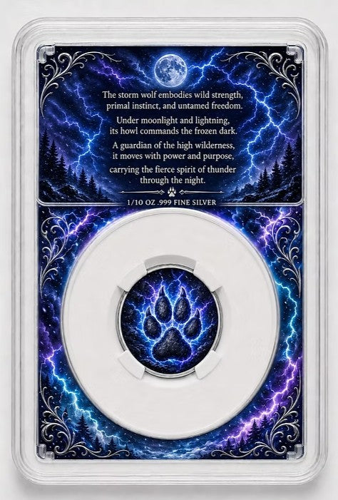 PRESALE ONLY - 2026 Storm Wolf 1/10 oz .999 Silver Coin in Slab  Thumbnail: 2026 Storm Wolf 1/10 oz .999 Silver Coin in Slab  Thumbnail: 2026 Storm Wolf 1/10 oz .999 Silver Coin in Slab 2026 Storm Wolf 1/10 oz .999 Silver Coin in Slab