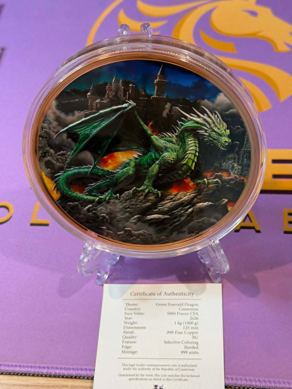 Emerald Dragon HR 1 Kilo .999 High Relief Copper Medal 5000 Francs Cameroon 2026