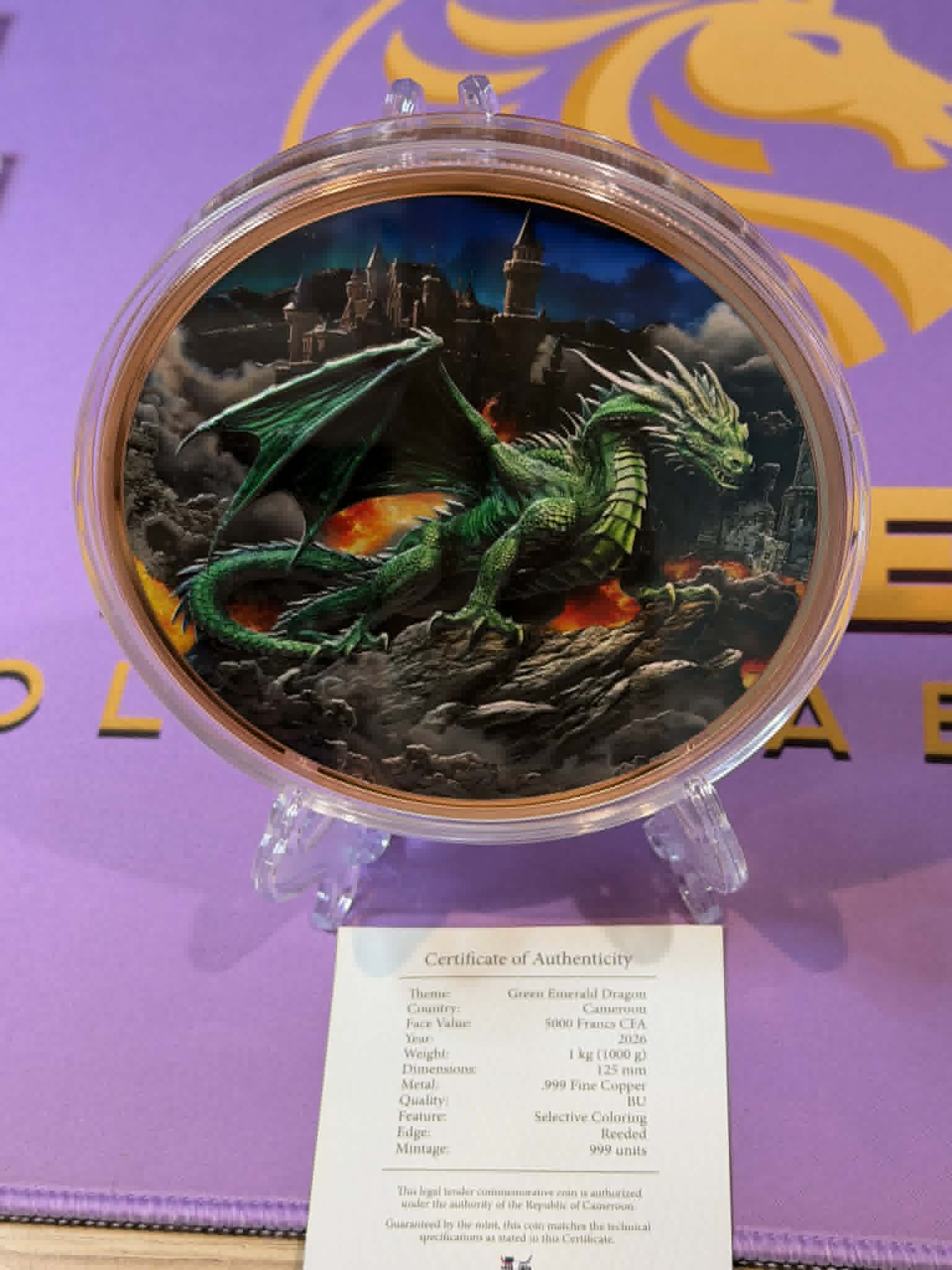 Emerald Dragon HR 1 Kilo .999 High Relief Copper Medal 5000 Francs Cameroon 2026